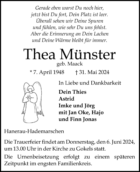 Traueranzeige von Thea Münster von Schleswig-Holsteinische Landeszeitung