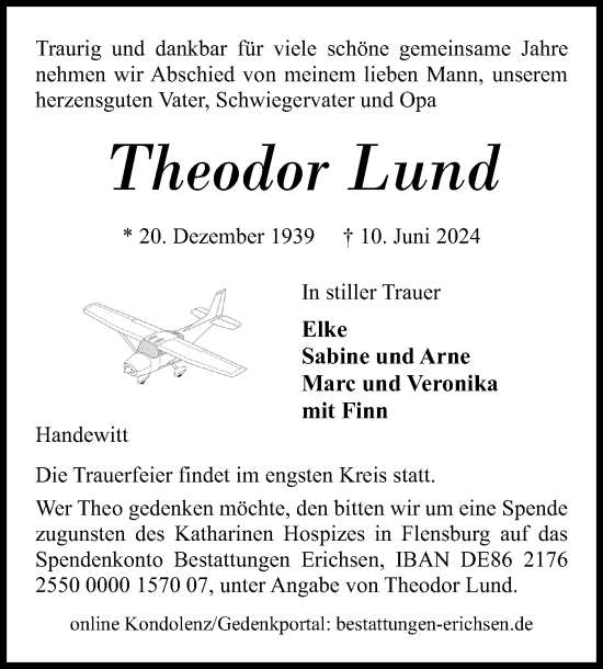 Traueranzeige von Theodor Lund von Flensburger Tageblatt