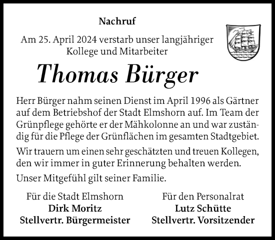 Traueranzeige von Thomas Bürger von Elmshorner Nachrichten, Barmstedter Zeitung