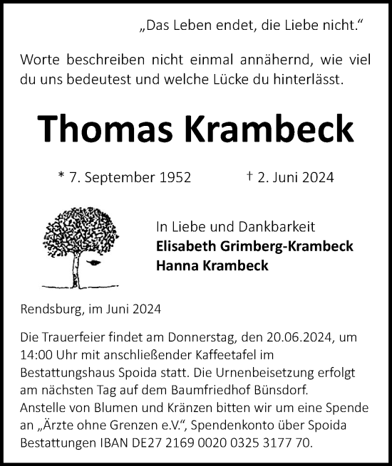 Traueranzeige von Thomas Krambeck von Schleswig-Holsteinische Landeszeitung