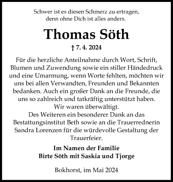 Traueranzeige von Thomas Söth von Norddeutsche Rundschau, Wilstersche Zeitung, Glückstädter Fortuna