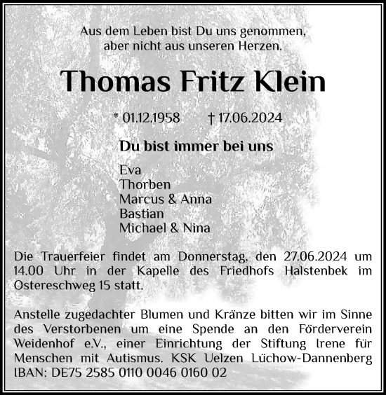 Traueranzeige von Thomas Fritz Klein von Region Pinneberg und tip Pinneberg