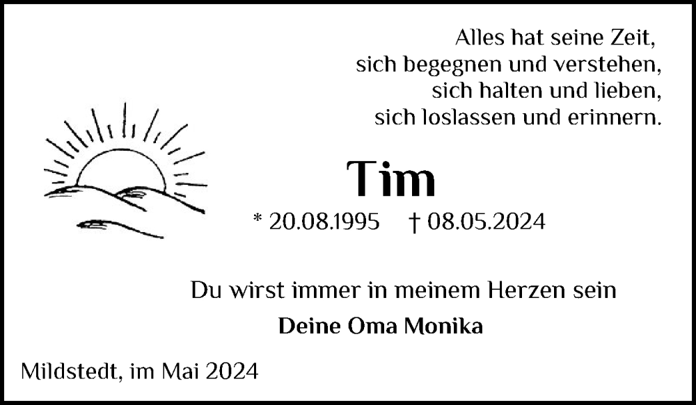  Traueranzeige für Tim Paulsen vom 18.05.2024 aus Husumer Nachrichten, Nordfriesland Tageblatt
