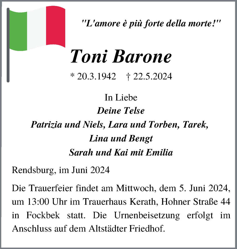  Traueranzeige für Toni Barone vom 01.06.2024 aus Schleswig-Holsteinische Landeszeitung