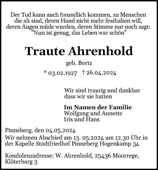 Traueranzeige von Traute Ahrenhold von Elmshorner Nachrichten, Barmstedter Zeitung