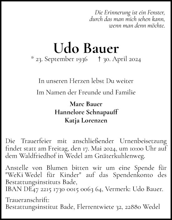 Traueranzeige von Udo Bauer von Wedel-Schulauer Tageblatt, tip Wedel-Schulauer Tageblatt, tip Rissener Rundschau