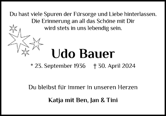 Traueranzeige von Udo Bauer von Wedel-Schulauer Tageblatt, tip Wedel-Schulauer Tageblatt, tip Rissener Rundschau