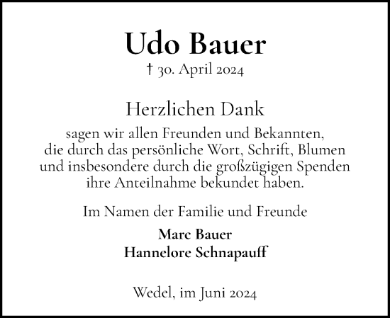 Traueranzeige von Udo Bauer von Wedel-Schulauer Tageblatt, tip Wedel-Schulauer Tageblatt, tip Rissener Rundschau