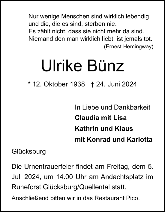 Traueranzeige von Ulrike Bünz von Flensburger Tageblatt