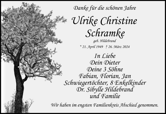 Traueranzeige von Ulrike Christine Schramke von Uetersener Nachrichten, Der tip am Wochenende