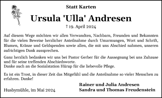 Traueranzeige von Ursula Andresen von Region Flensburg