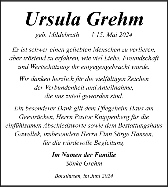 Traueranzeige von Ursula Grehm von Husumer Nachrichten, Nordfriesland Tageblatt