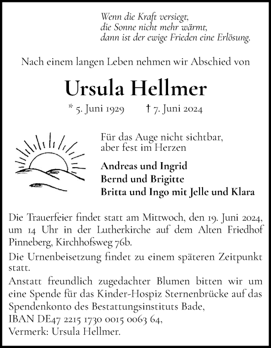 Traueranzeige von Ursula Hellmer von Region Pinneberg und tip Pinneberg