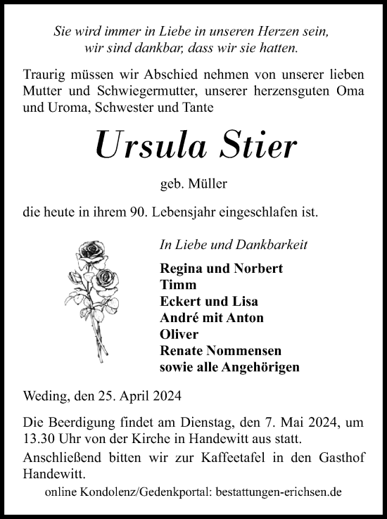 Traueranzeige von Ursula Stier von Flensburger Tageblatt