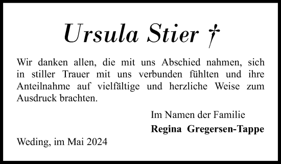 Traueranzeige von Ursula Stier von Flensburger Tageblatt