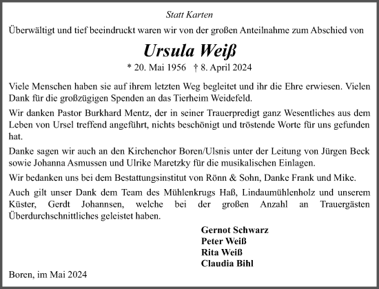 Traueranzeige von Ursula Weiß von Flensburger Tageblatt, Schleswiger Nachrichten, Schlei-Bote