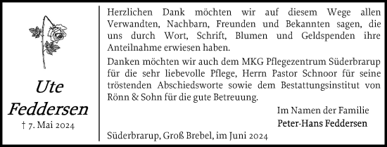Traueranzeige von Ute Feddersen von Flensburger Tageblatt, Schleswiger Nachrichten, Schlei-Bote