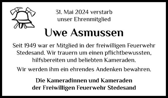 Traueranzeige von Uwe Asmussen von Husumer Nachrichten, Nordfriesland Tageblatt