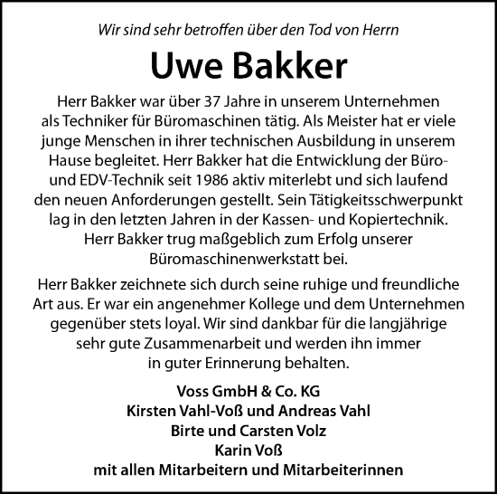 Traueranzeige von Uwe Bakker von Sylter Rundschau