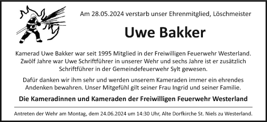 Traueranzeige von Uwe Bakker von Sylter Rundschau