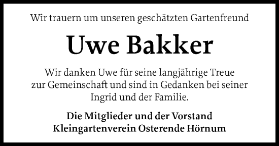 Traueranzeige von Uwe Bakker von Sylter Rundschau