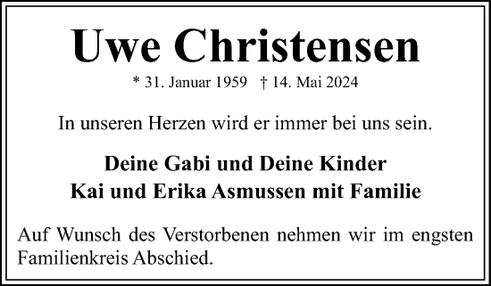 Traueranzeige von Uwe Christensen von Eckernförder Zeitung, Hallo Eckernförde