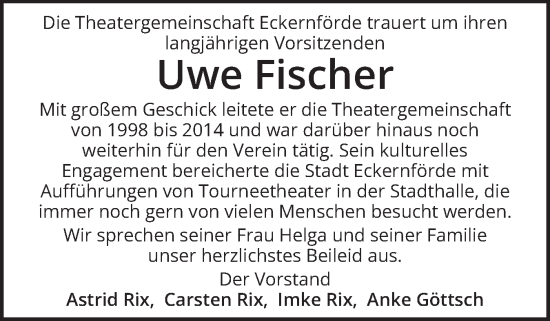 Traueranzeige von Uwe Fischer von Eckernförder Zeitung, Hallo Eckernförde