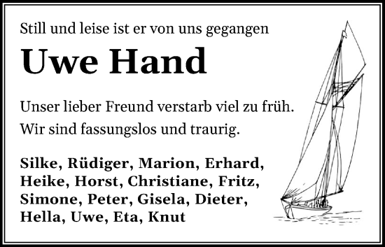 Traueranzeige von Uwe Hand von Eckernförder Zeitung, Hallo Eckernförde