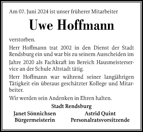 Traueranzeige von Uwe Hoffmann von Schleswig-Holsteinische Landeszeitung