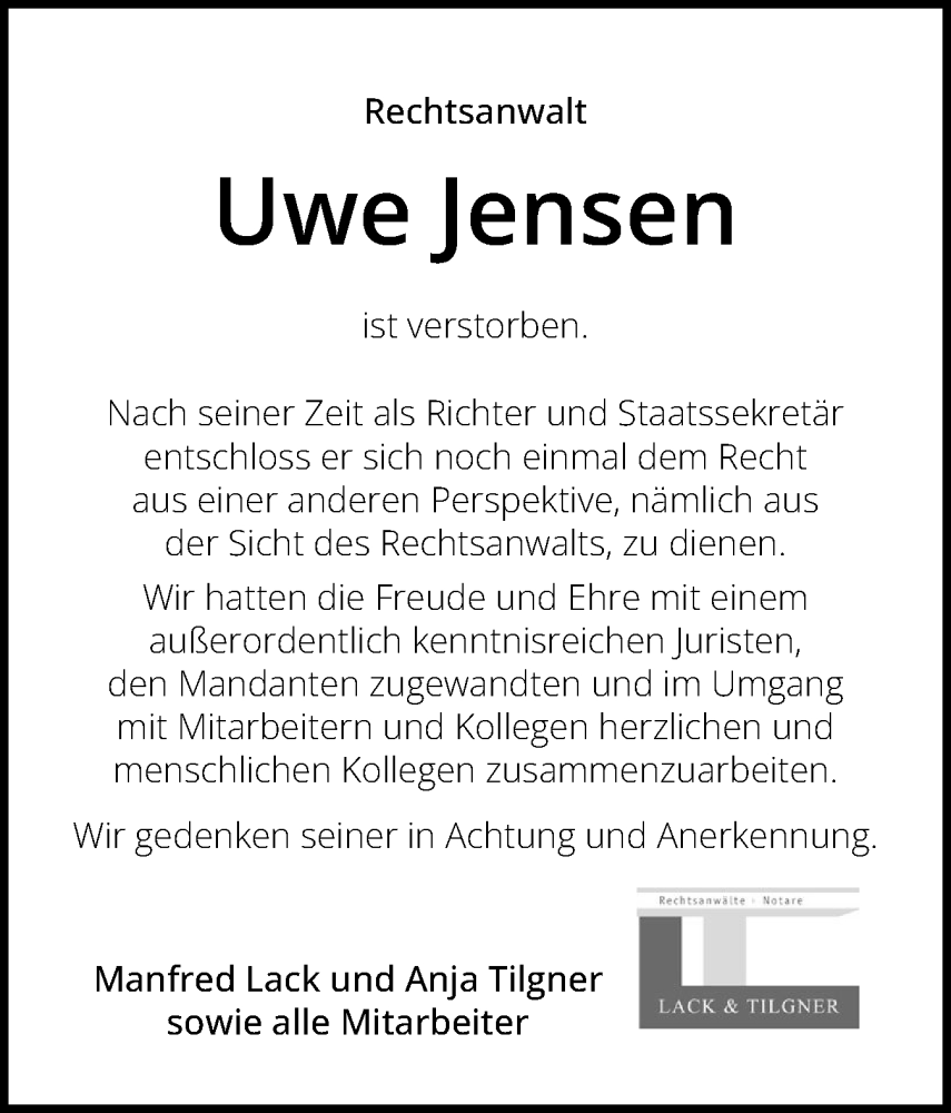  Traueranzeige für Uwe Jensen vom 05.06.2024 aus Schleswiger Nachrichten, Schlei-Bote