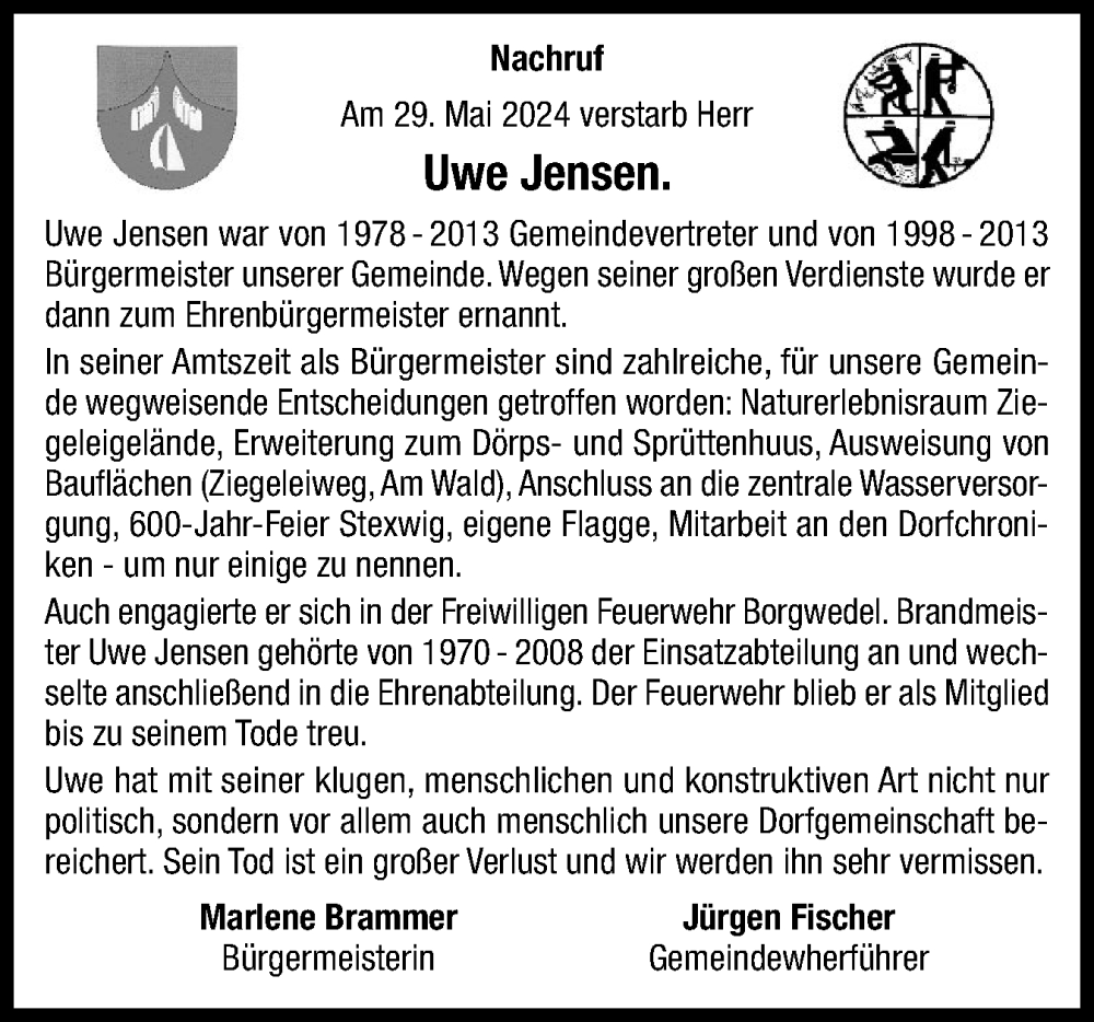  Traueranzeige für Uwe Jensen vom 05.06.2024 aus Schleswiger Nachrichten, Schlei-Bote