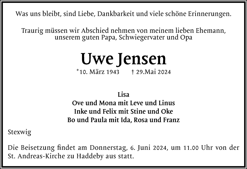  Traueranzeige für Uwe Jensen vom 01.06.2024 aus Flensburger Tageblatt, Schleswiger Nachrichten, Schlei-Bote