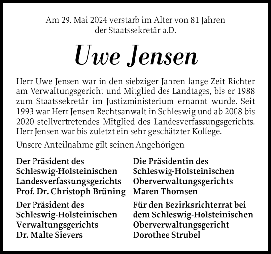 Traueranzeige von Uwe Jensen von Schleswiger Nachrichten, Schlei-Bote