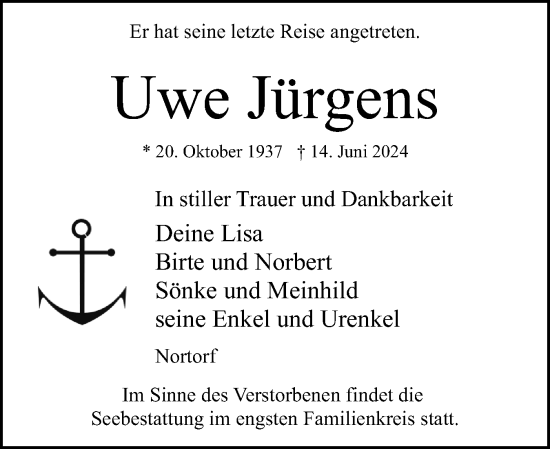 Traueranzeige von Uwe Jürgens von Norddeutsche Rundschau, Wilstersche Zeitung, Glückstädter Fortuna