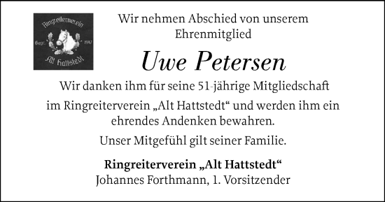 Traueranzeige von Uwe Petersen von Husumer Nachrichten, Nordfriesland Tageblatt