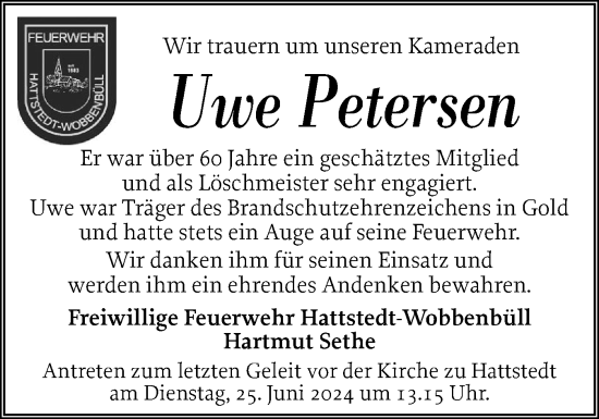 Traueranzeige von Uwe Petersen von Husumer Nachrichten, Nordfriesland Tageblatt