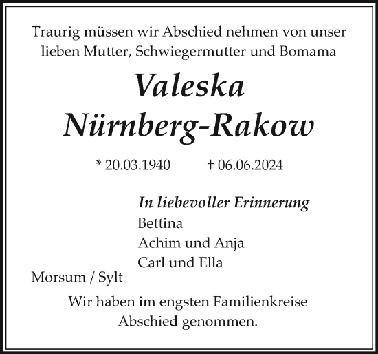 Traueranzeige von Valeska Nürnberg-Rakow von Sylter Rundschau