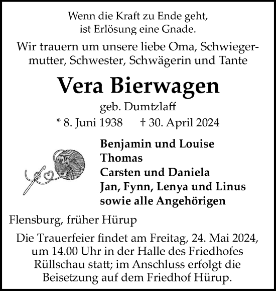 Traueranzeige von Vera Bierwagen von Flensburger Tageblatt