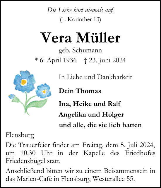 Traueranzeige von Vera Müller von Flensburger Tageblatt