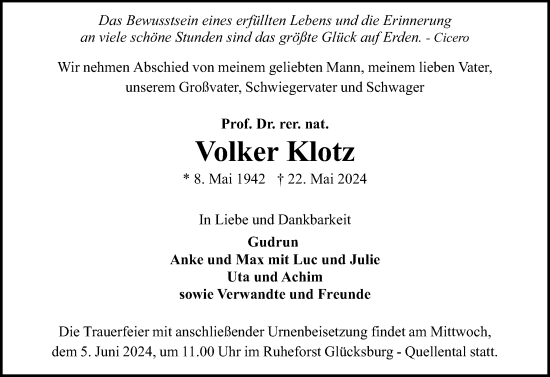 Traueranzeige von Volker Klotz von Flensburger Tageblatt