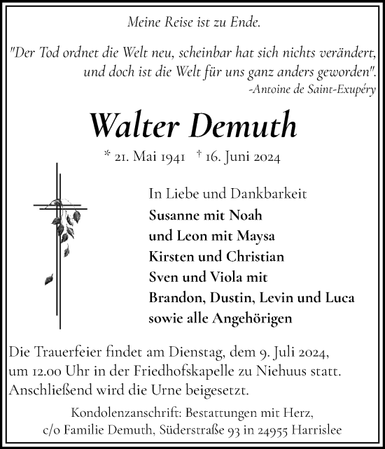 Traueranzeige von Walter Demuth von Flensburger Tageblatt