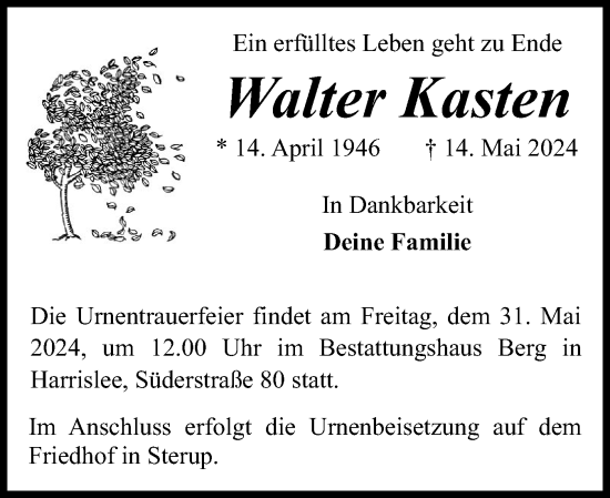 Traueranzeige von Walter Kasten von Flensburger Tageblatt