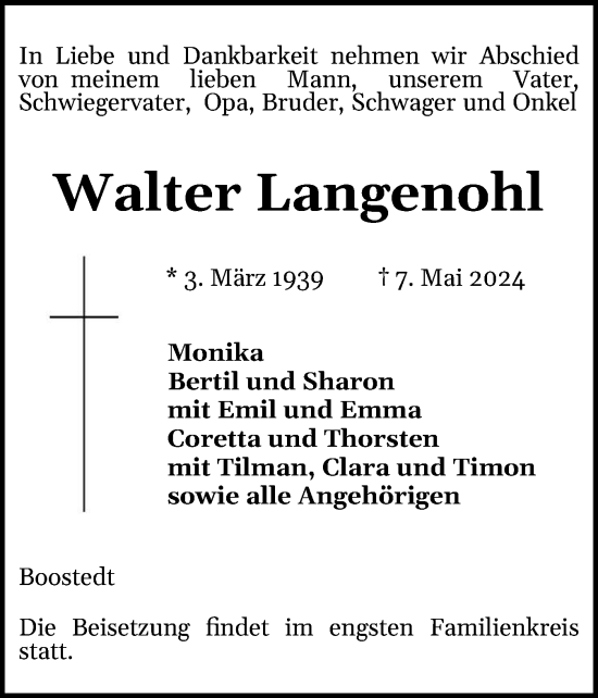 Traueranzeige von Walter Langenohl von Holsteinischer Courier