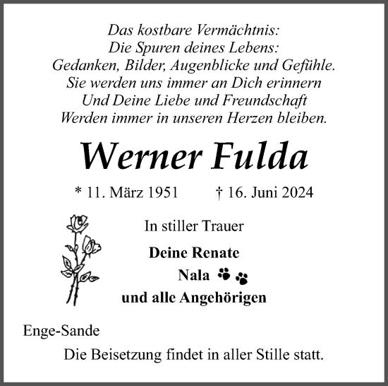 Traueranzeige von Werner Fulda von Husumer Nachrichten, Nordfriesland Tageblatt