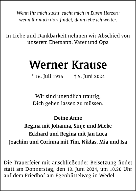 Traueranzeige von Werner Krause von Wedel-Schulauer Tageblatt, tip Wedel-Schulauer Tageblatt, tip Rissener Rundschau