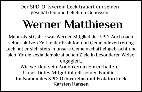 Traueranzeige von Werner Matthiesen von Husumer Nachrichten, Nordfriesland Tageblatt