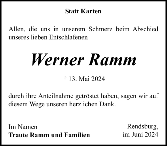 Traueranzeige von Werner Ramm von Schleswig-Holsteinische Landeszeitung