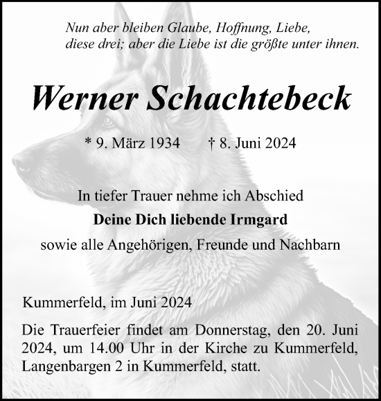 Traueranzeige von Werner Schachtebeck von Region Pinneberg und tip Pinneberg