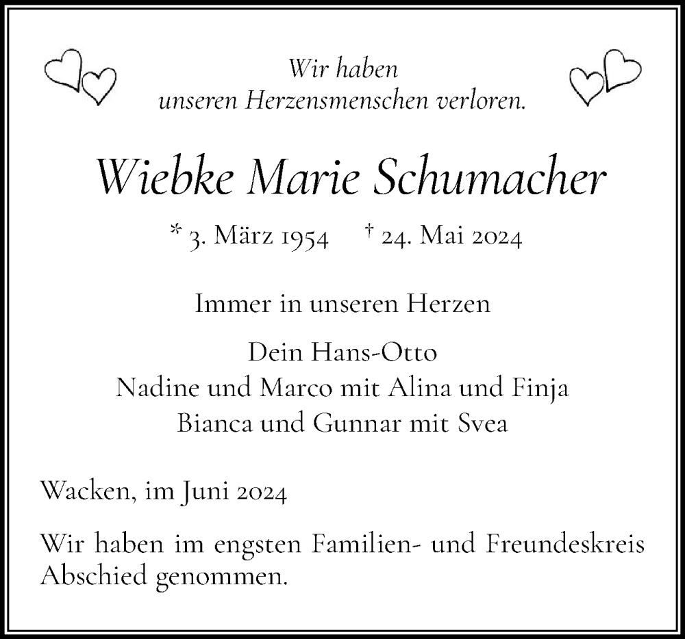  Traueranzeige für Wiebke Marie Schumacher vom 08.06.2024 aus Norddeutsche Rundschau, Wilstersche Zeitung, Glückstädter Fortuna