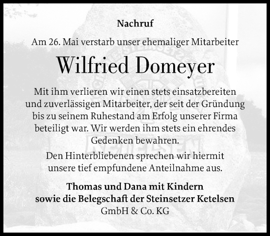 Traueranzeige von Wilfried Domeyer von Husumer Nachrichten, Nordfriesland Tageblatt